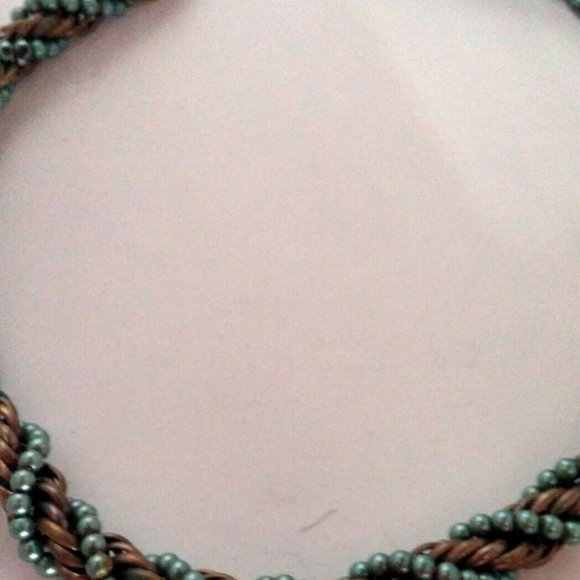 Antique Necklace Choker Twisted Solid Brass Many Rings Wrapped Green Faux Pearl - Picture 3 of 3